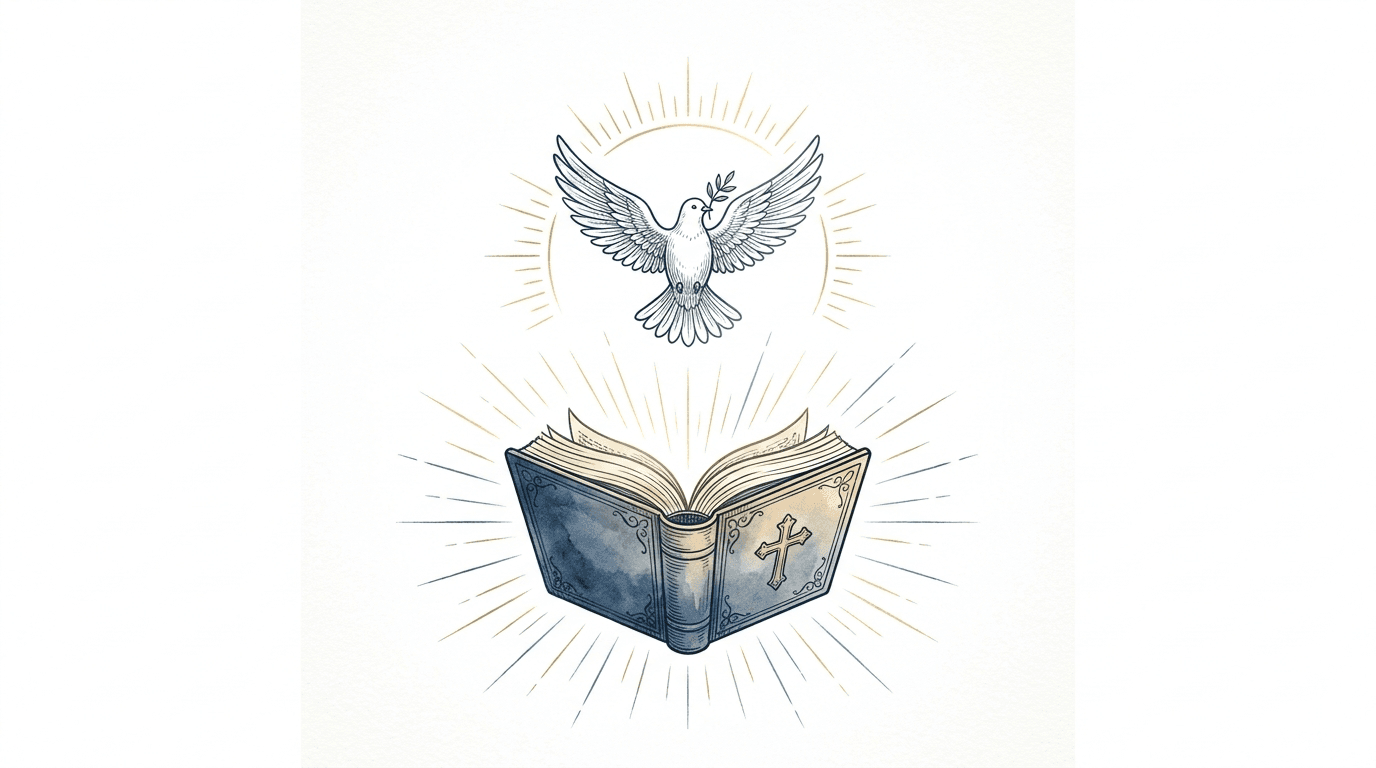 Иллюстрация: открытая детская Библия и голубь | Illustration: an open children's Bible and a dove