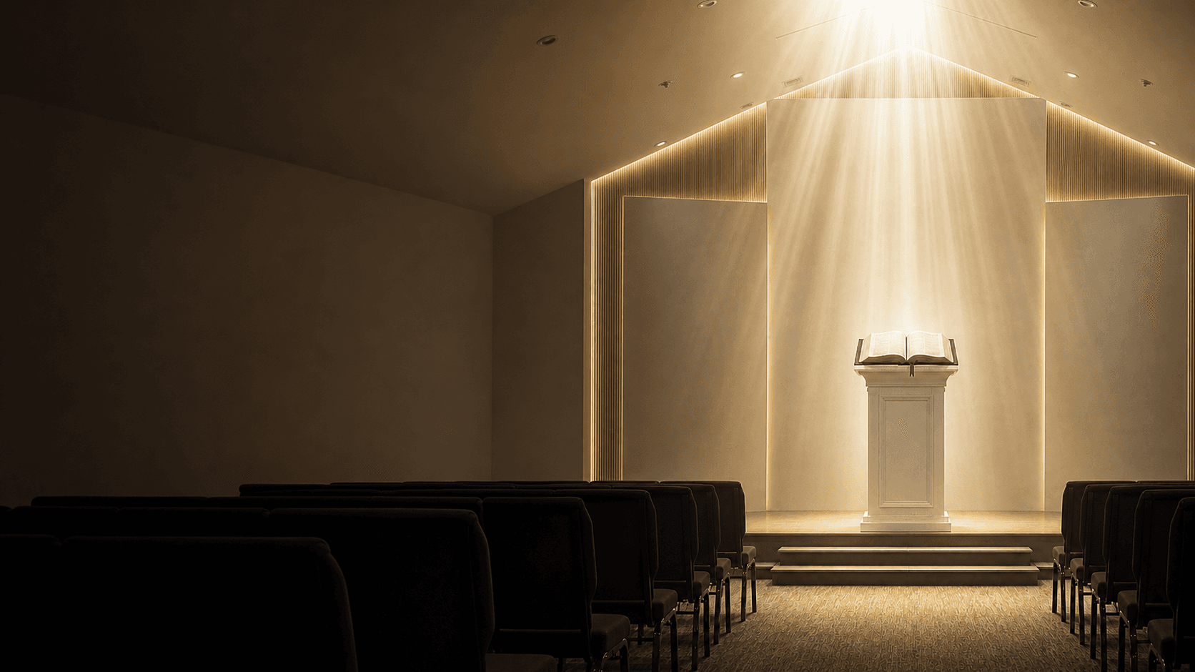 Warmly illuminated sanctuary with an open Bible on the pulpit