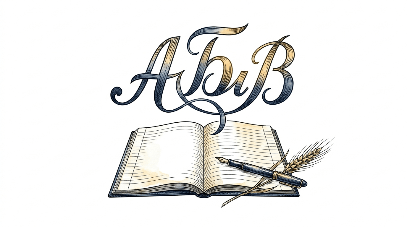 Иллюстрация: буквы А, Б, В над прописью с пером | Illustration: Cyrillic letters above a copybook with a pen